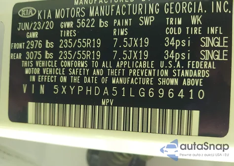 2020 Kia Sorento 3.3L Ex из США, поврежденный, VIN 5XYPHDA51LG696410